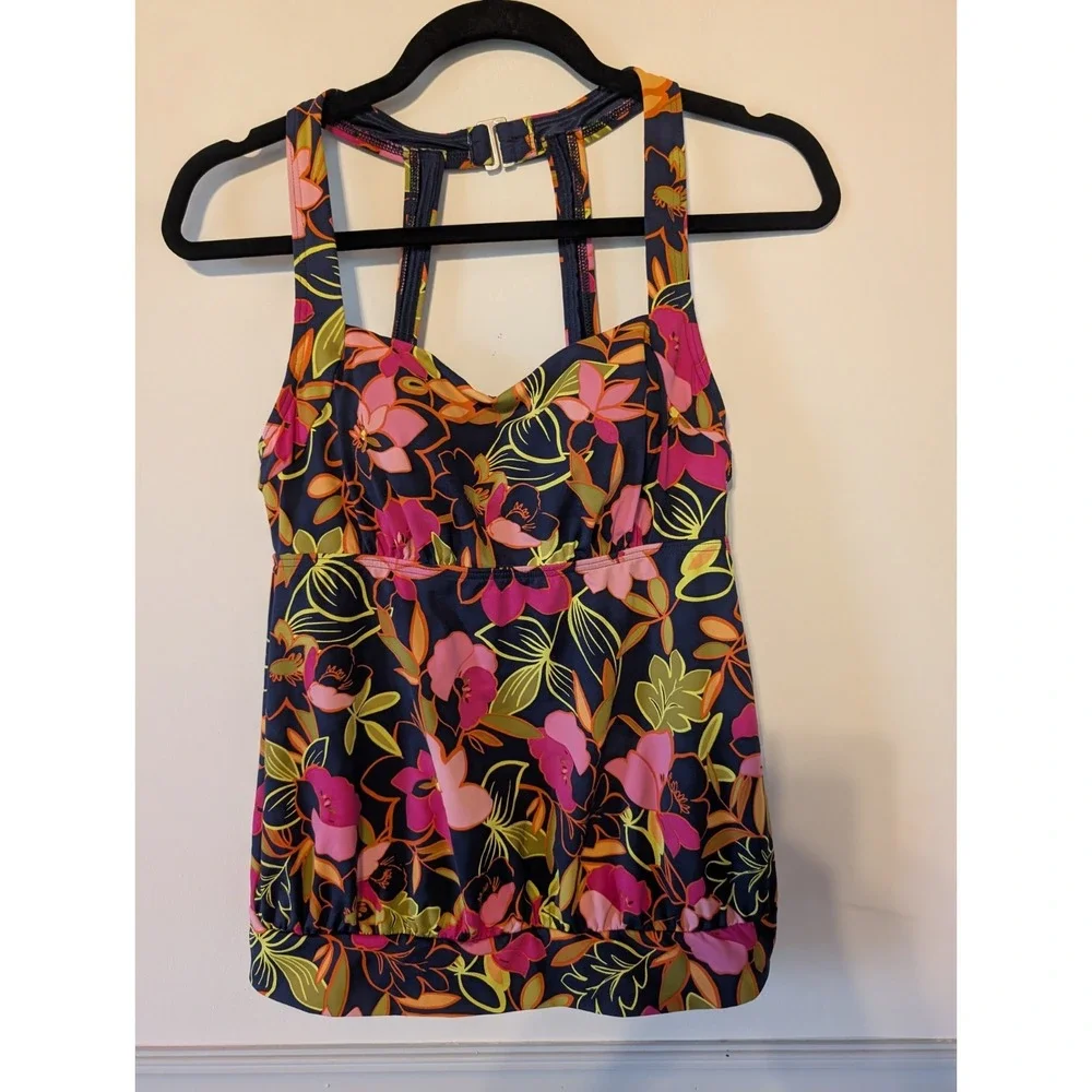 Lands End Floral Swim Top Tankini Women Size 2 Pink Modest Swimwear Strappy